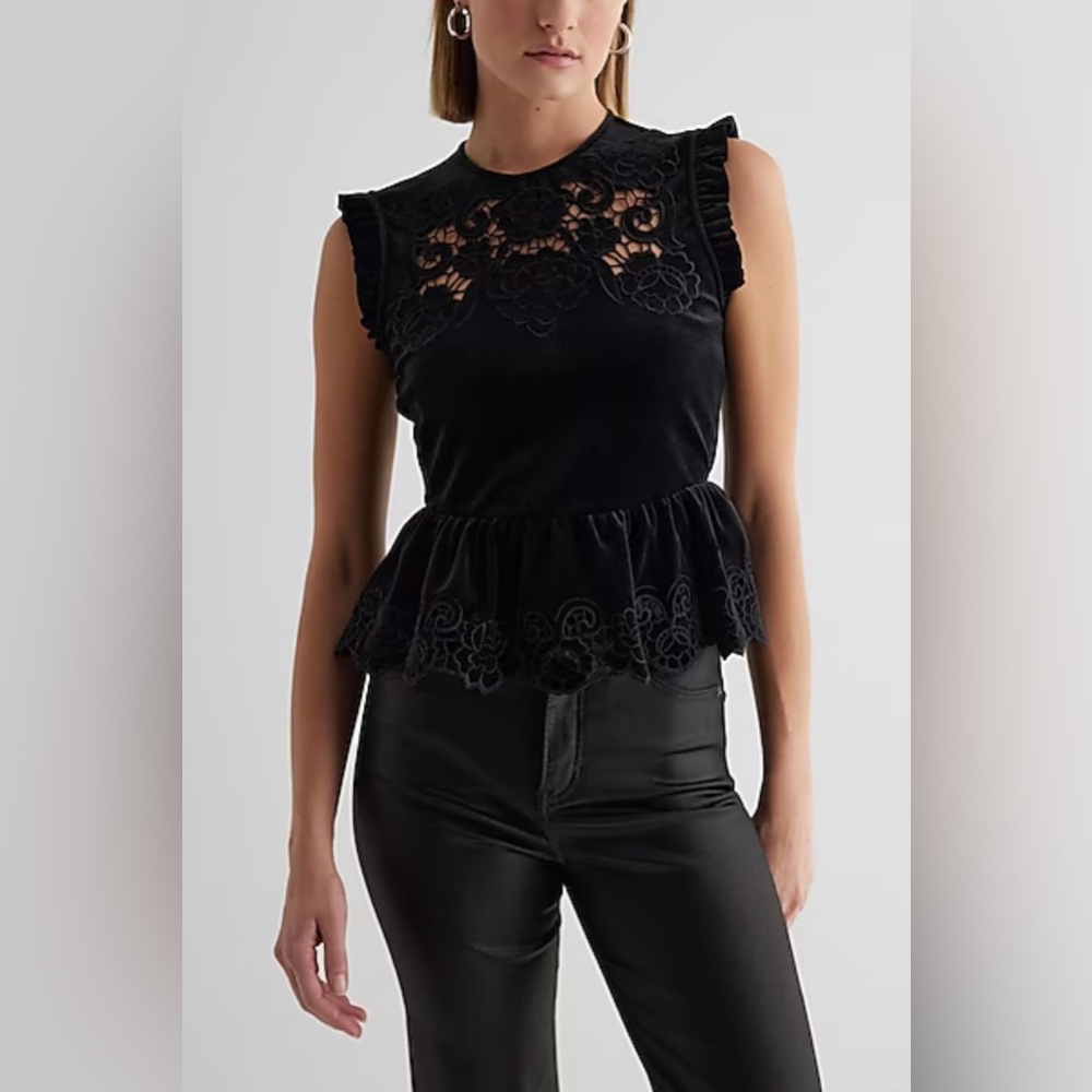 Express Velvet Crew Neck Lace Embroidered Peplum Top size women medium